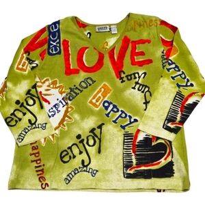 Chicos Design Love Print Womens 3/4 Sleeve Stretchy Pullover Top Size 3